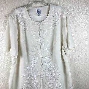 R & M Richards Women's Ivory Short Sleeve Embroidered Lined Blouse Sz 24W
